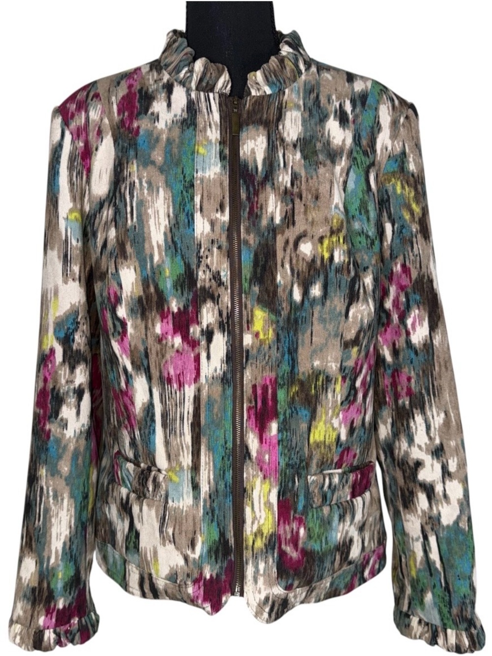 VTG Y2K Corduroy Blazer Multicolor Blur Floral Abstract Watercolor Zip Jacket M
